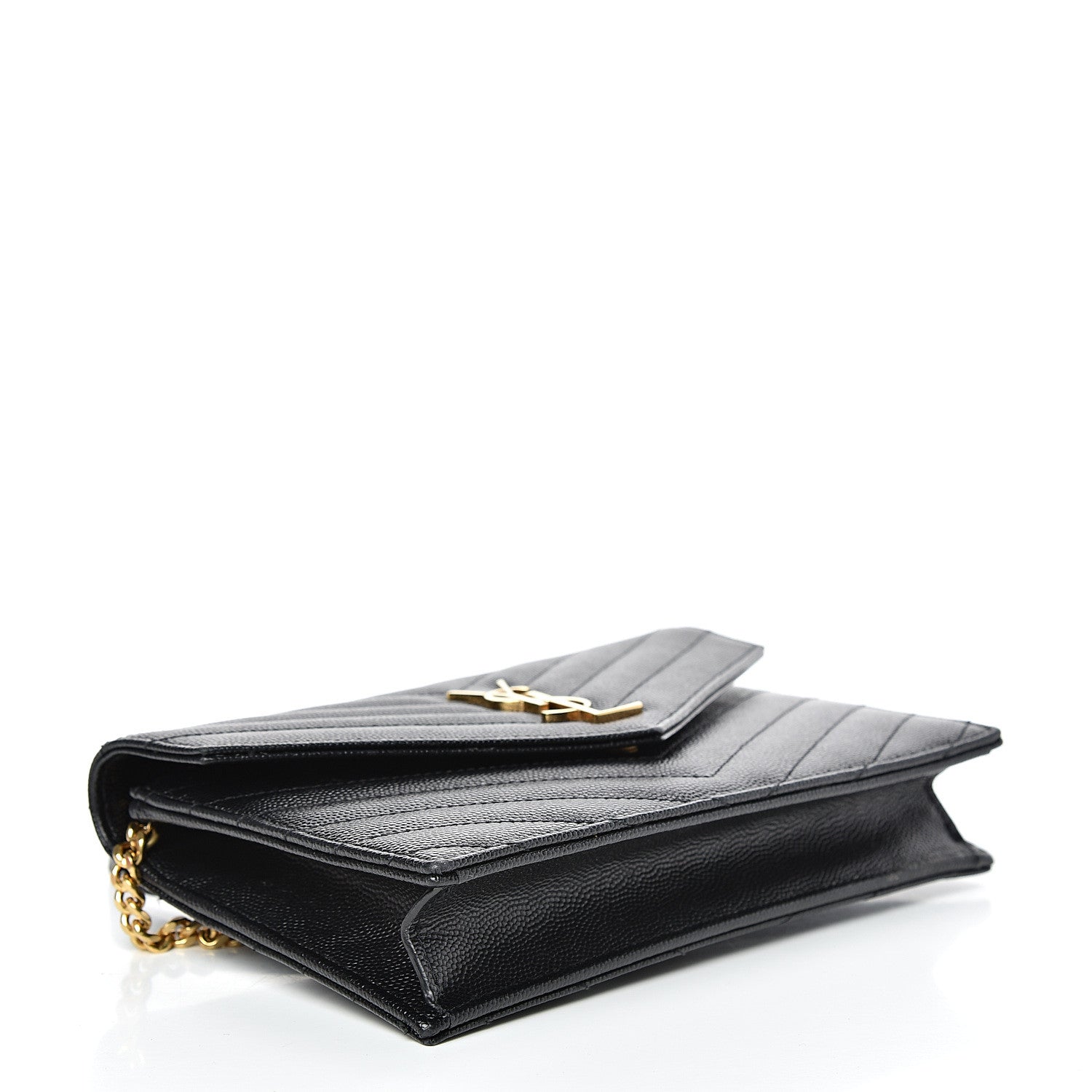 Saint Laurent Grain De Poudre Matelasse Chevron Monogram Envelope Chain Wallet Black 3 of 12