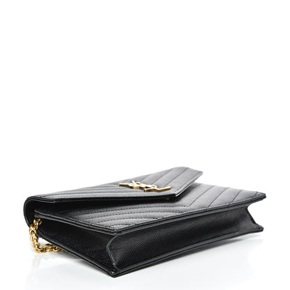 Saint Laurent Grain De Poudre Matelasse Chevron Monogram Envelope Chain Wallet Black 3 of 12