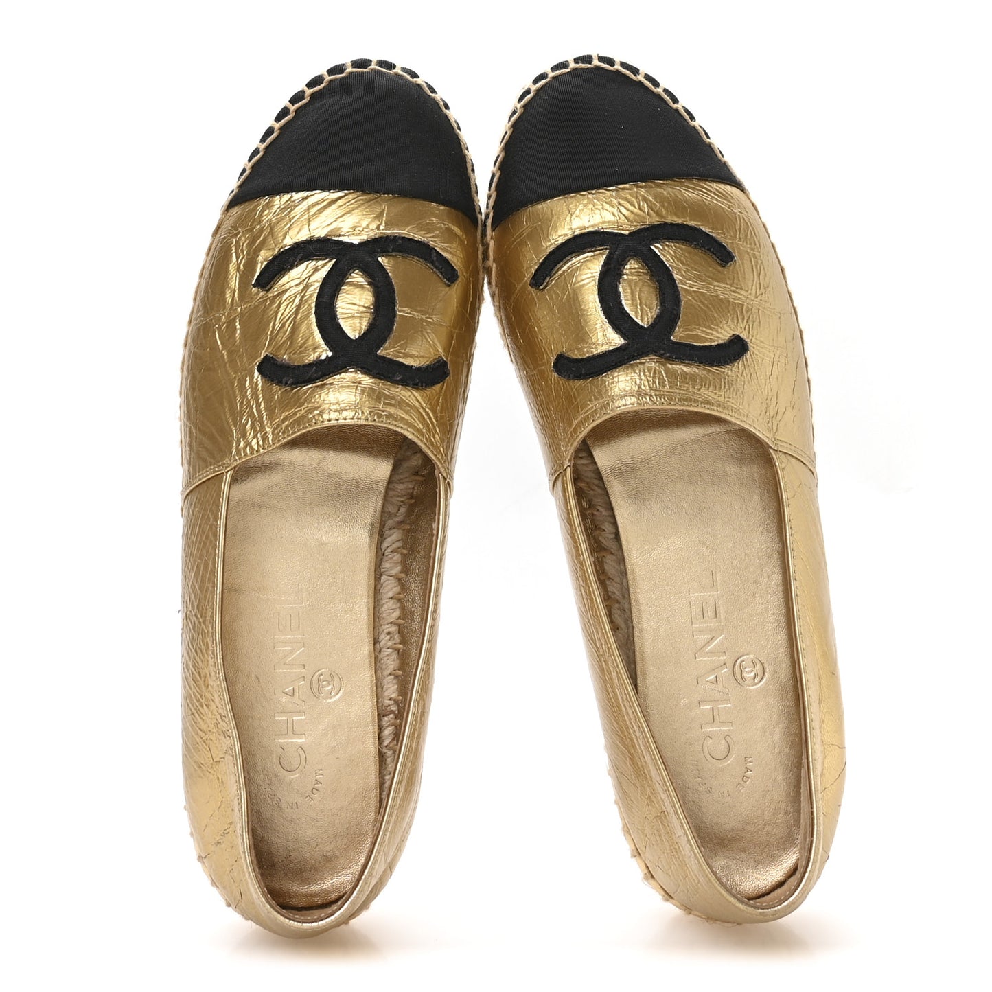 Laminated Lambskin Grosgrain CC Espadrilles 40 Gold Black