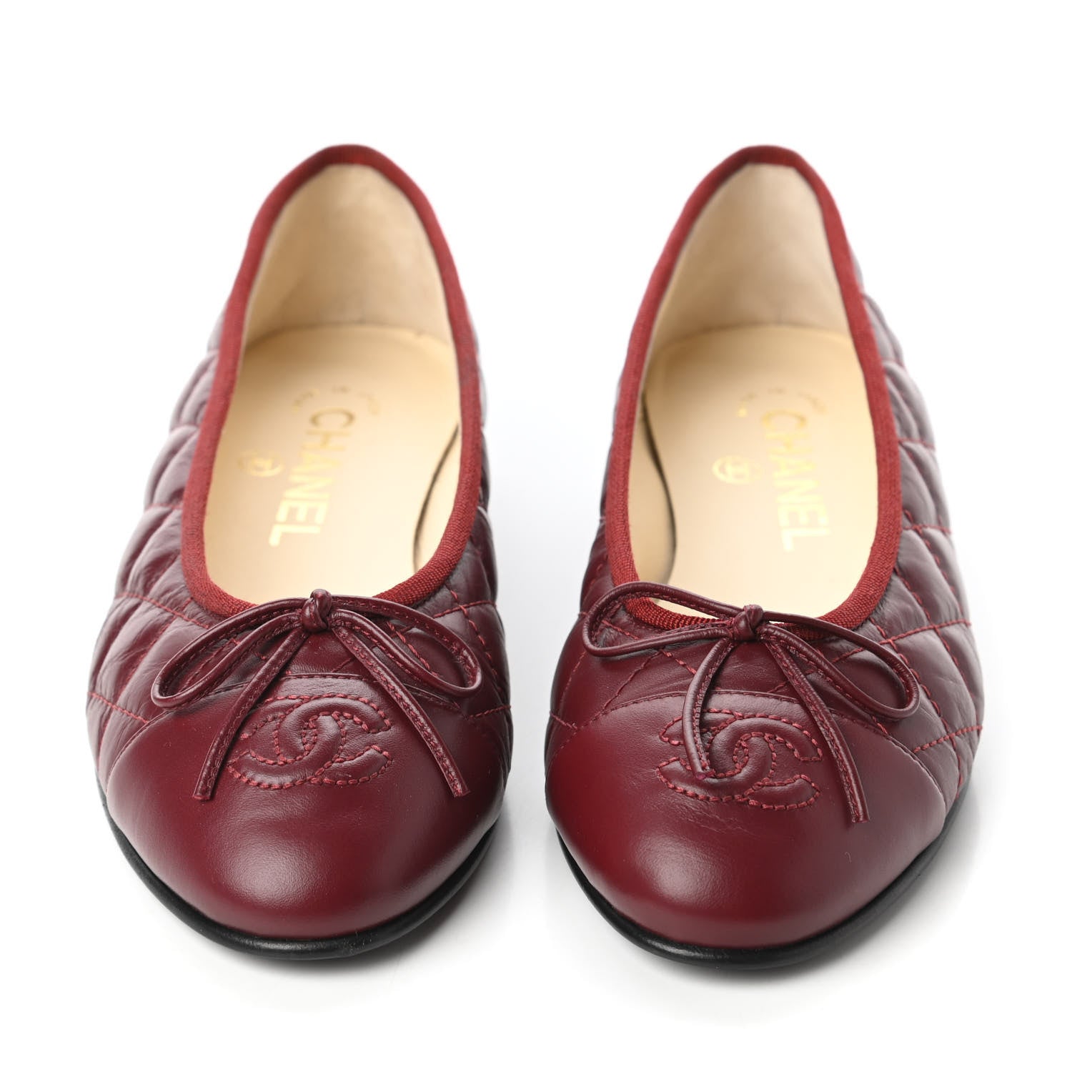 Chanel Aged Calfskin Quilted CC Cap Toe Ballerina Flats 35.5 Burgundy 2 of 9