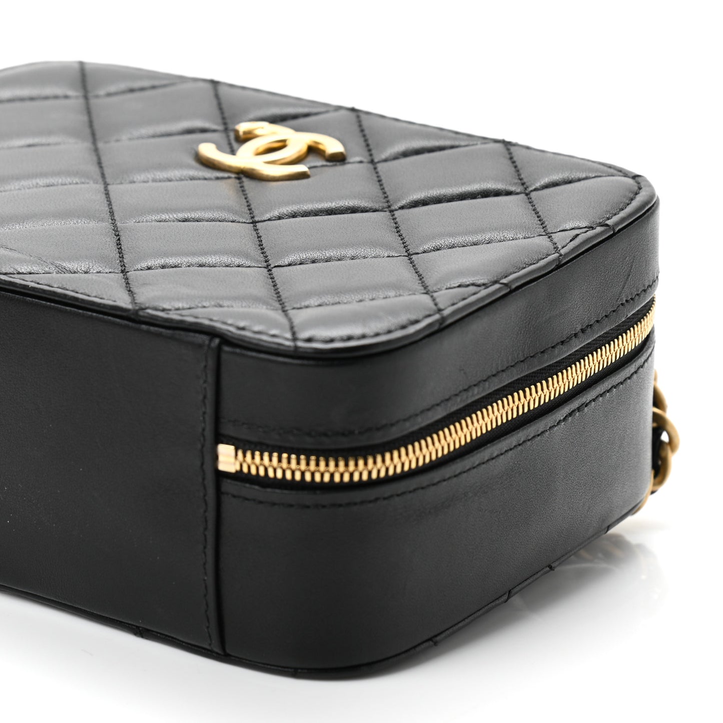 Lambskin Quilted Top Handle Small Vanity Case Black