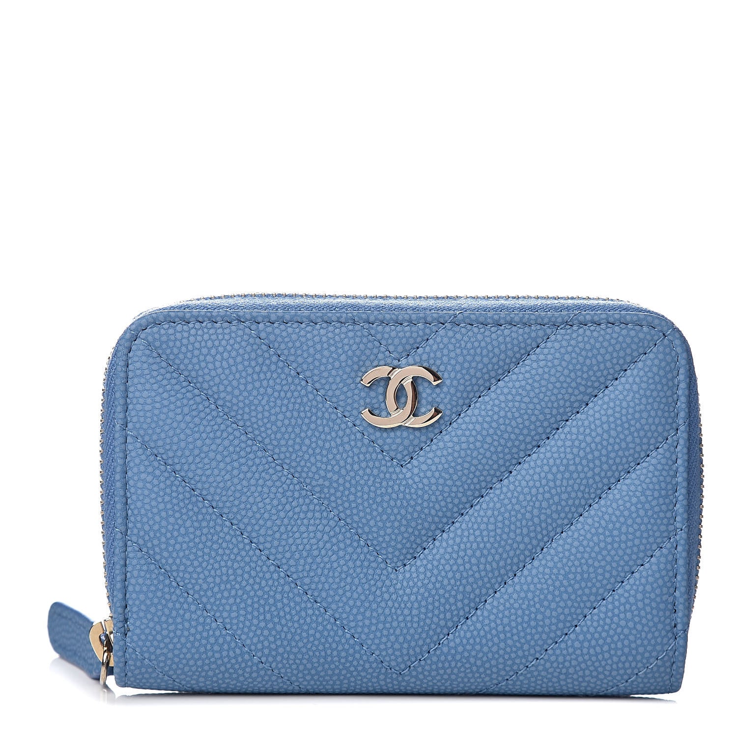 Chanel Caviar Flat Chevron Quilted Zip Coin Purse Blue 1 of 8