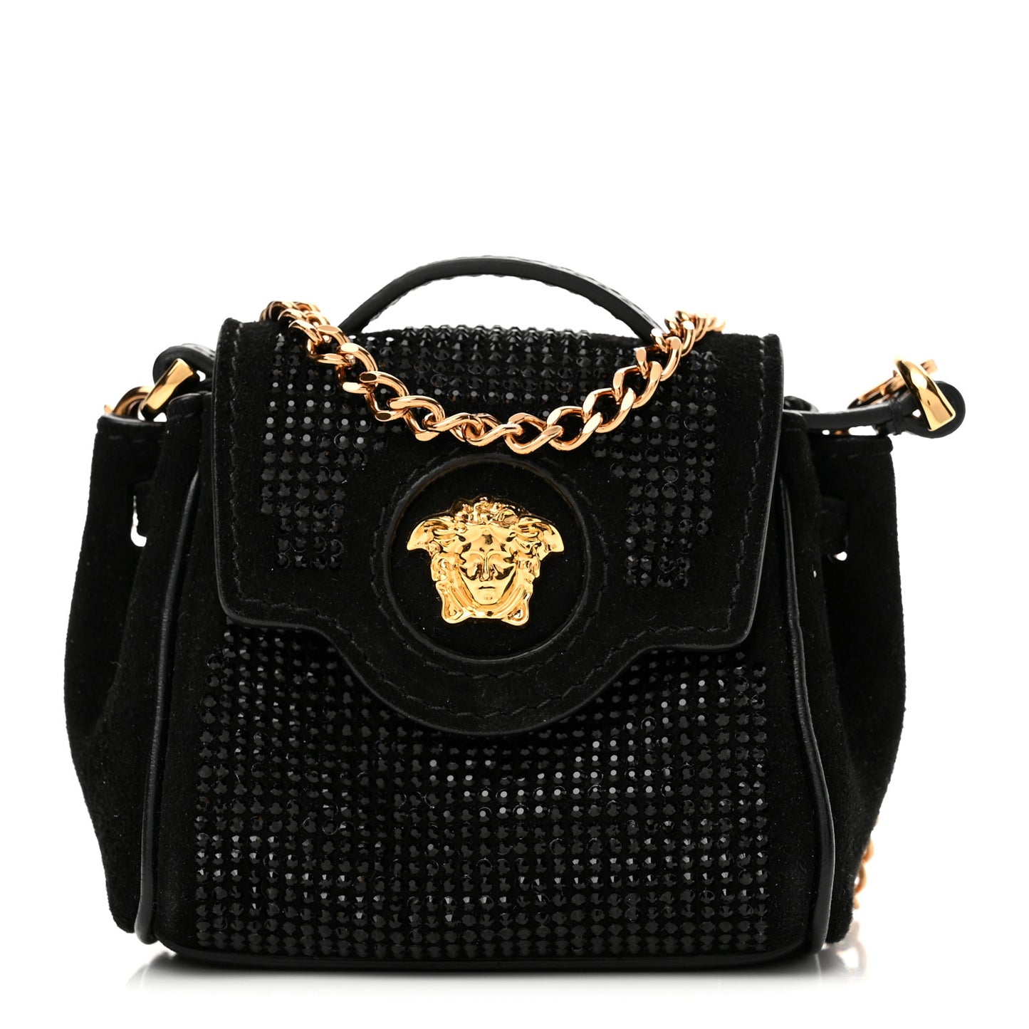 Suede Crystal Studded Micro La Medusa Bag Black