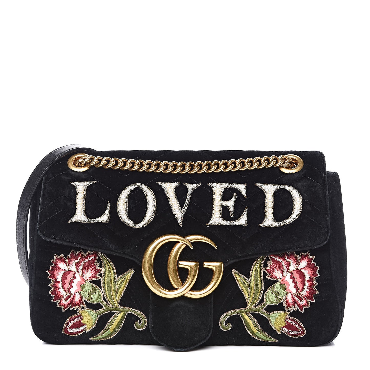 Velvet Matelasse Loved Embroidered Medium GG Marmont Shoulder Bag Black
