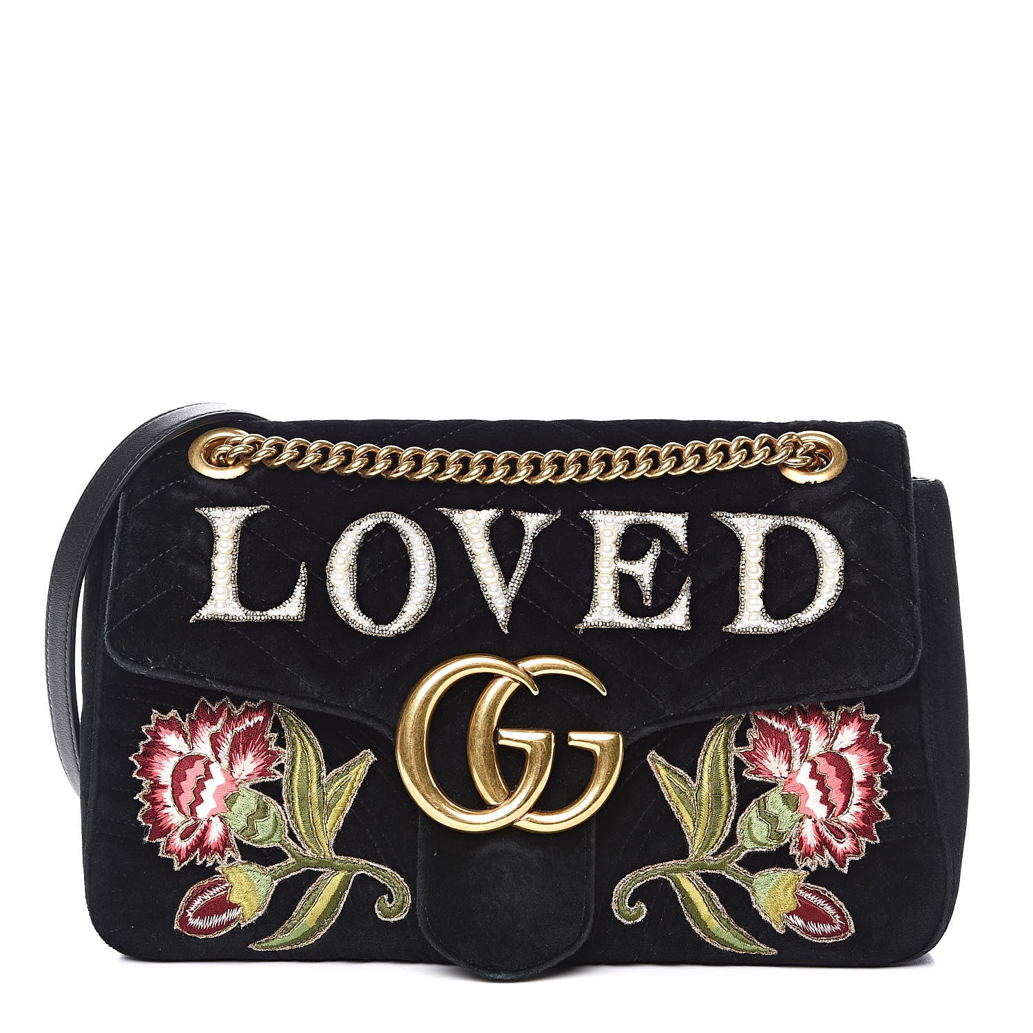 Gucci Velvet Matelasse Loved Embroidered Medium GG Marmont Shoulder Bag Black 1 of 14
