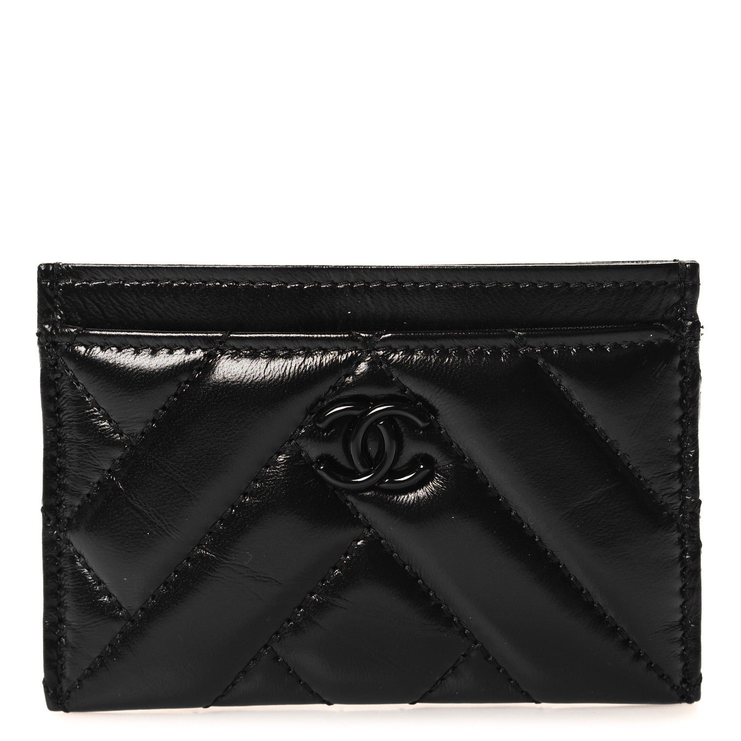 Chanel Shiny Lambskin Chevron Quilted Card Holder So Black 1 of 9