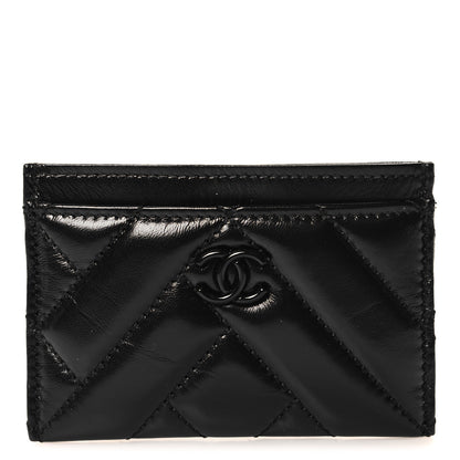 Chanel Shiny Lambskin Chevron Quilted Card Holder So Black 1 of 9
