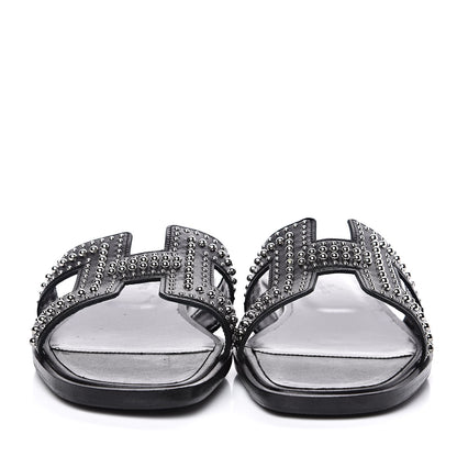 Hermes Calfskin Studded Oran Sandals 38.5 Black 2 of 10