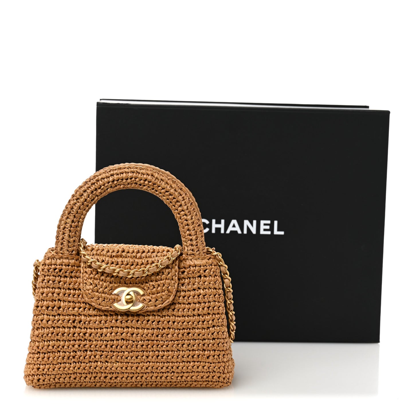 Braided Raffia Nano Kelly Flap Bag Dark Beige
