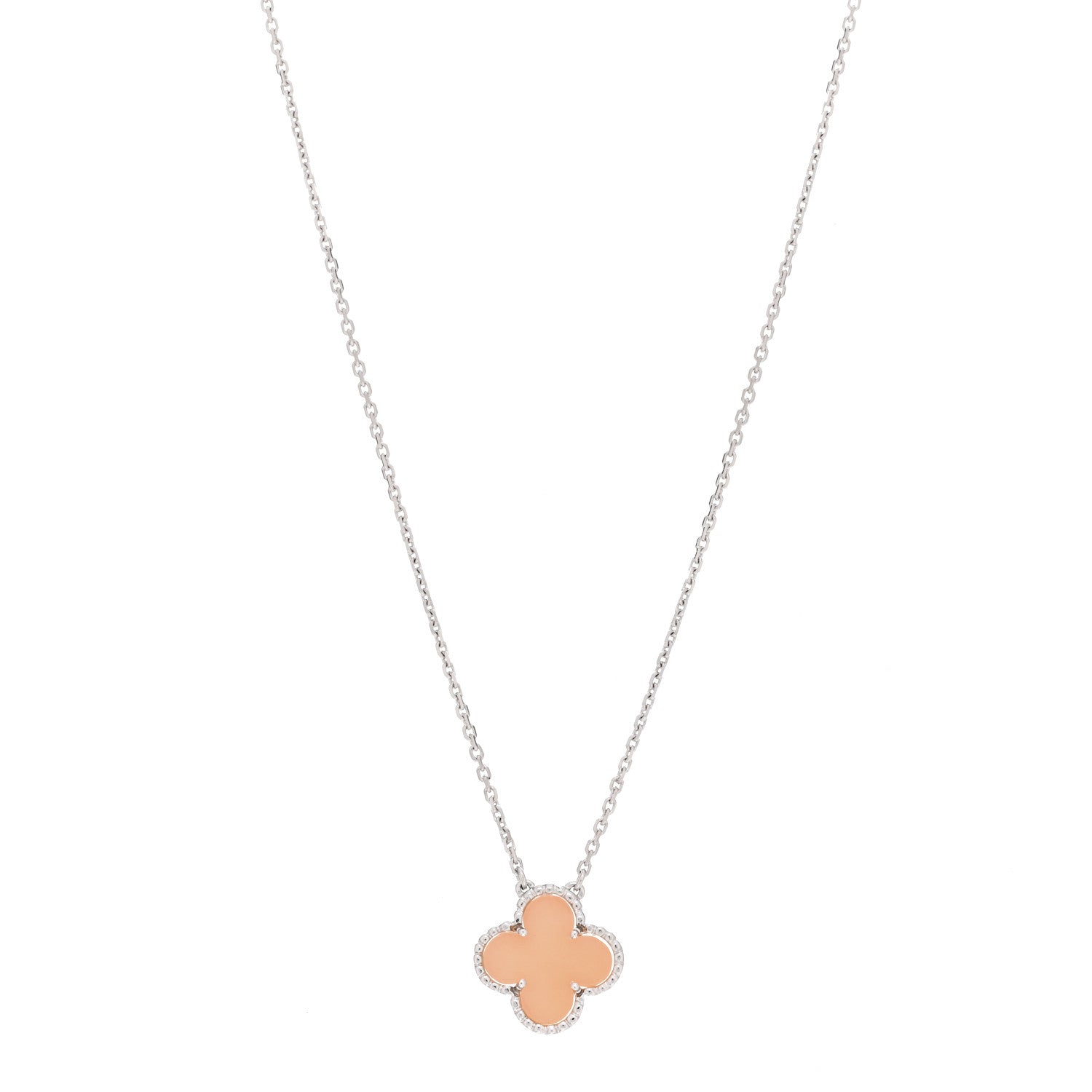 Van Cleef & Arpels 18K White Gold Pink Opal Vintage Alhambra Pendant Necklace 1 of 5
