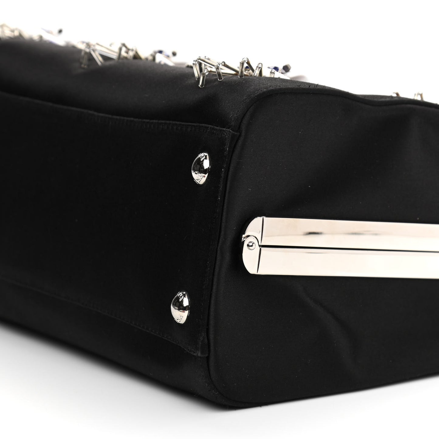 Satin Raso Crystal Embellished Ricamo Shoulder Bag Black