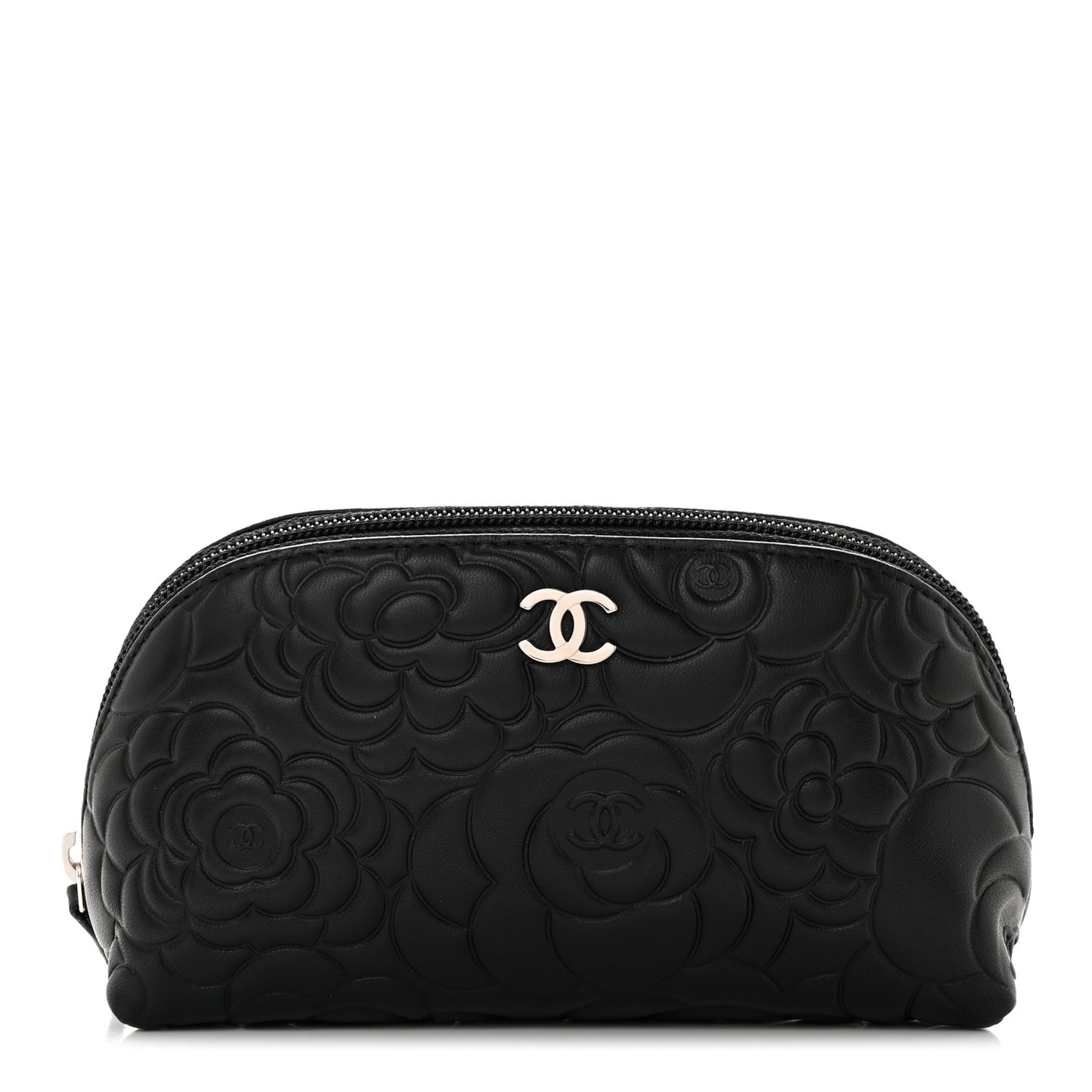 Lambskin Camellia Embossed Cosmetic Case Black