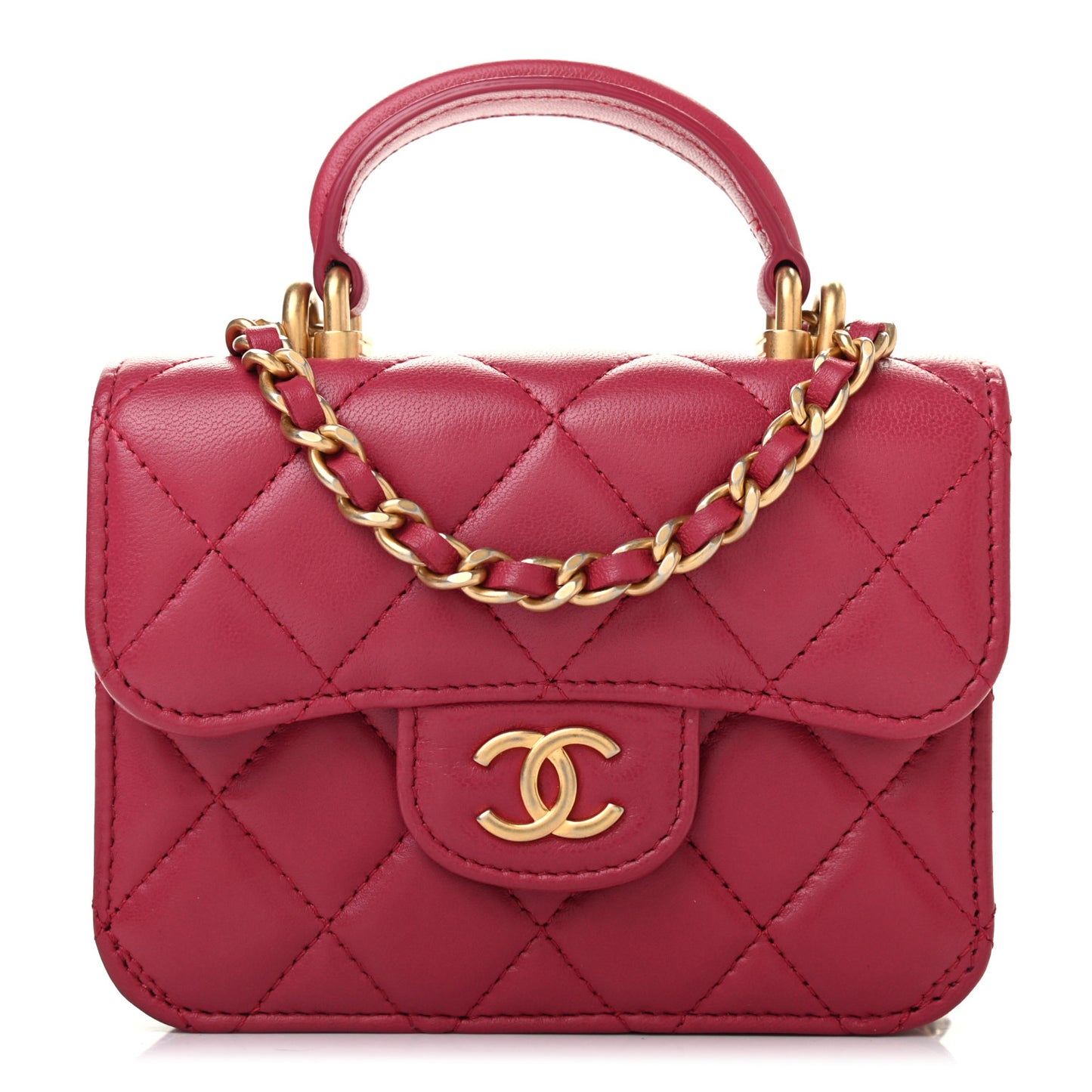 Lambskin Quilted Top Handle Flap Coin Purse With Chain Dark Pink