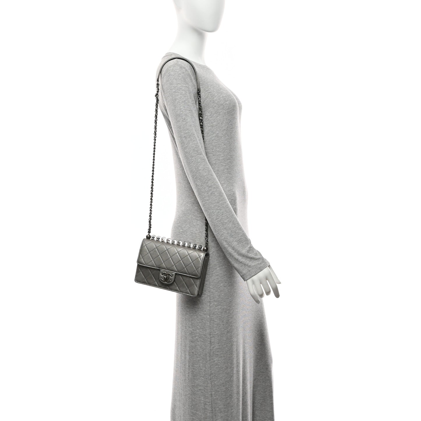 Metallic Goatskin Quilted Small Chic Pearls Flap Silver