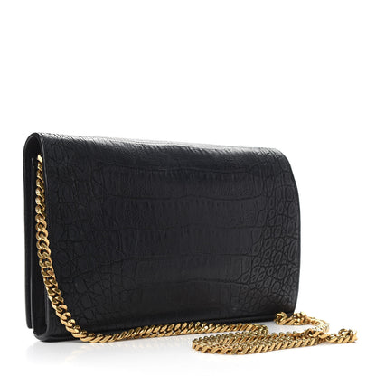 Saint Laurent Crocodile Embossed Nubuck Monogram Chain Wallet in Black 3 of 9