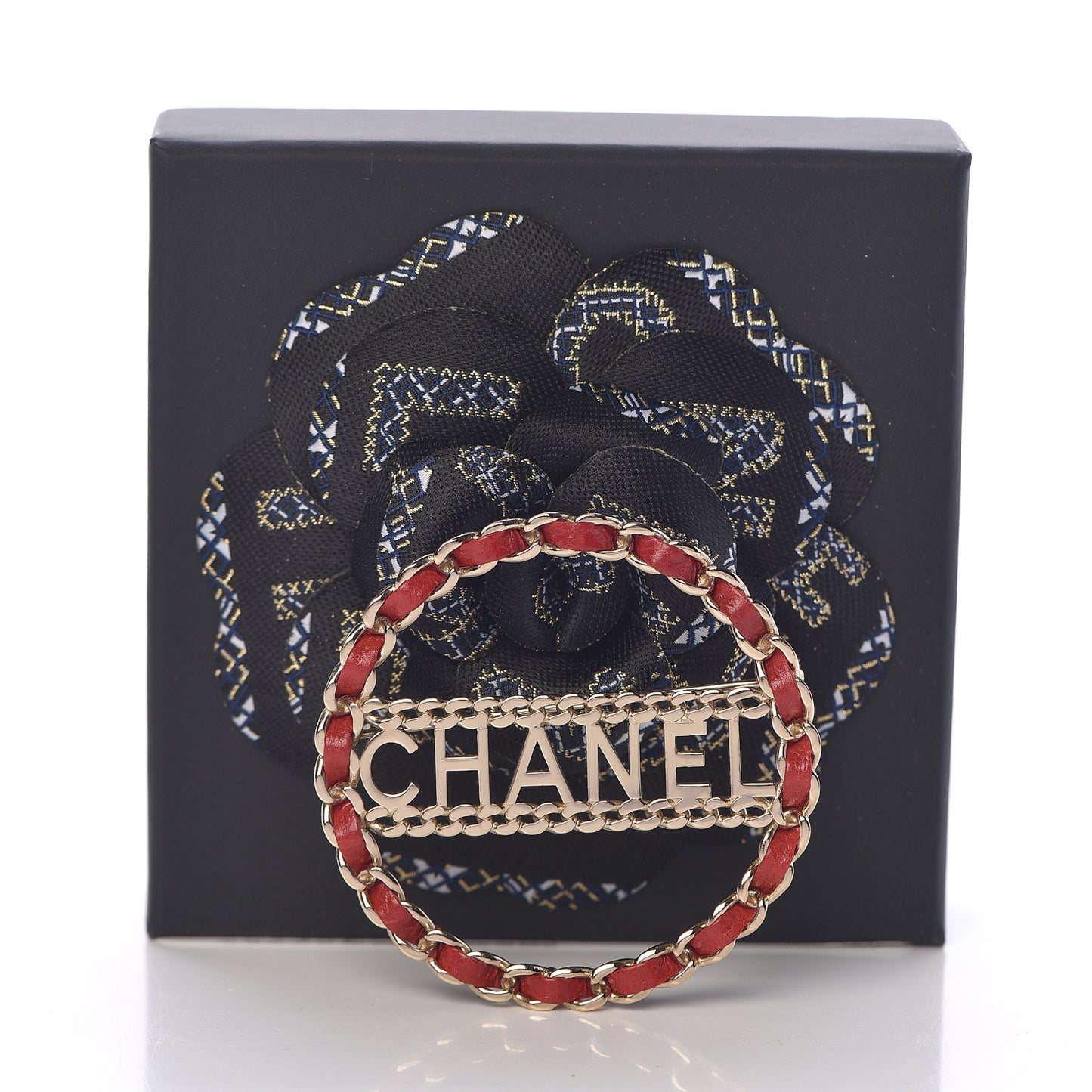 Lambskin Chain Logo Brooch Red Gold