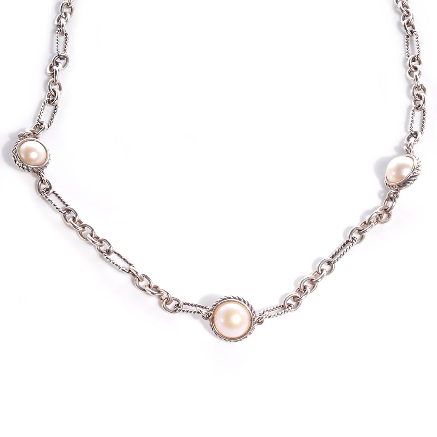 Sterling Silver Pearl Cable Figaro Chain Necklace