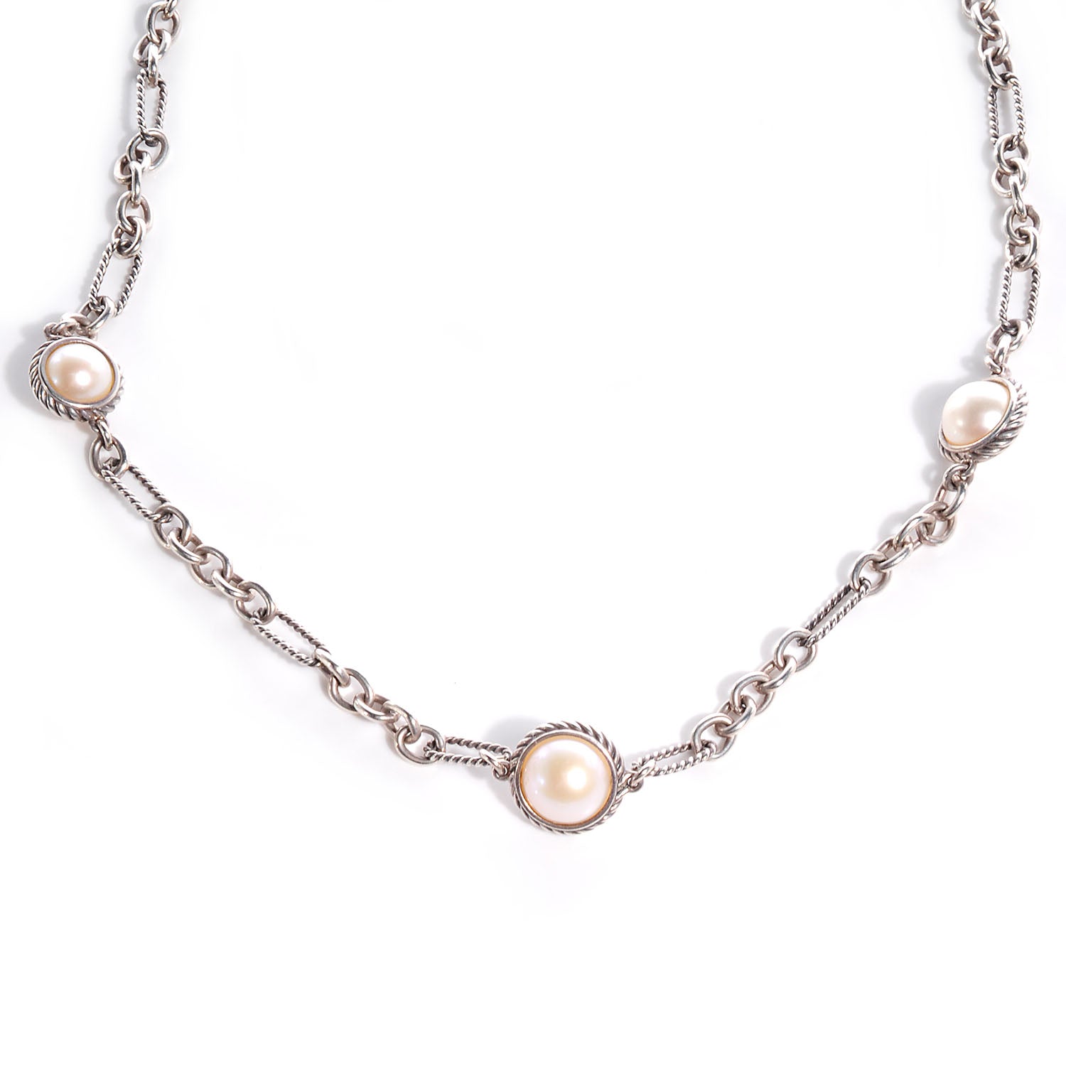 David Yurman Sterling Silver Pearl Cable Figaro Chain Necklace 1 of 6