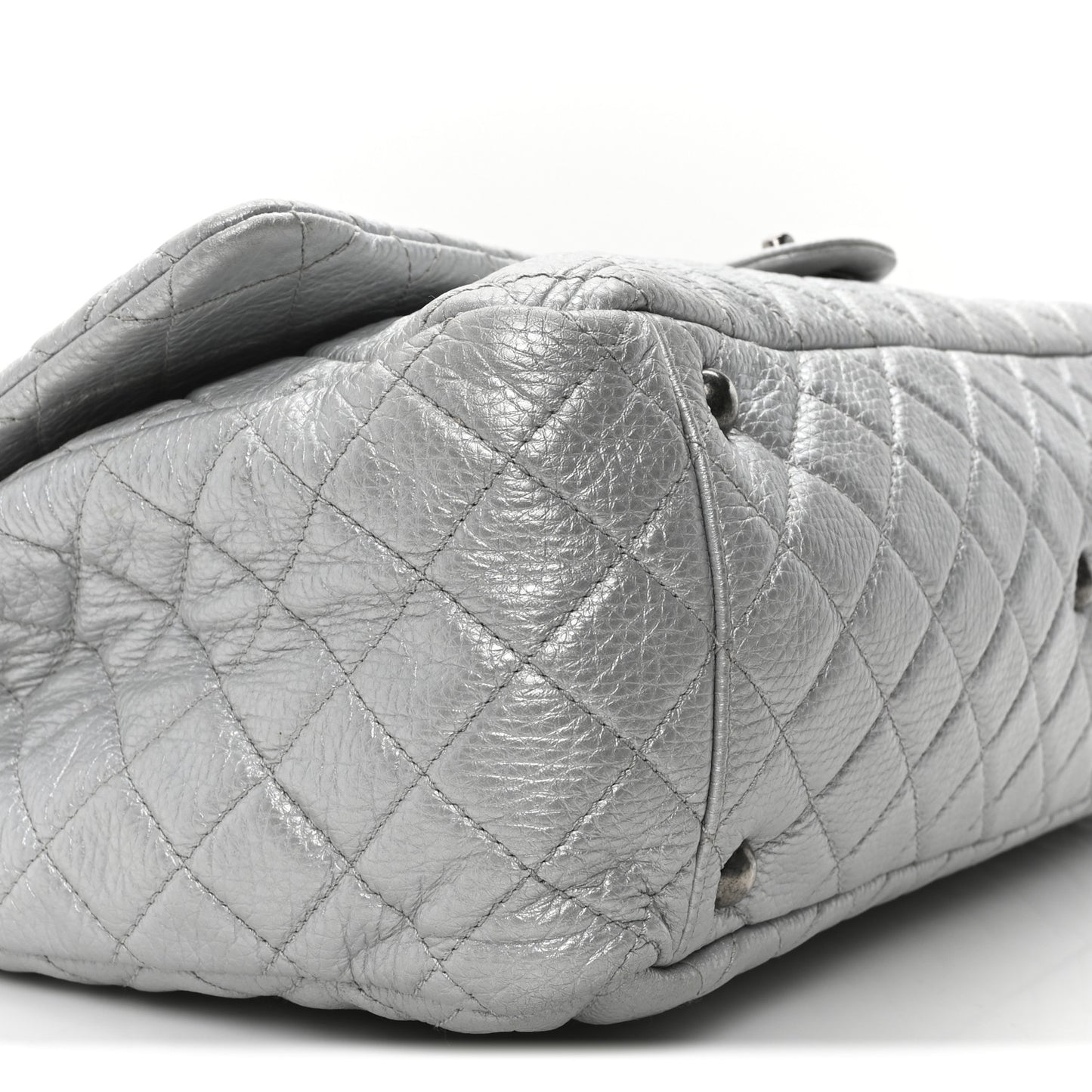 Metallic Calfskin Quilted XXL Travel Flap Bag Silver