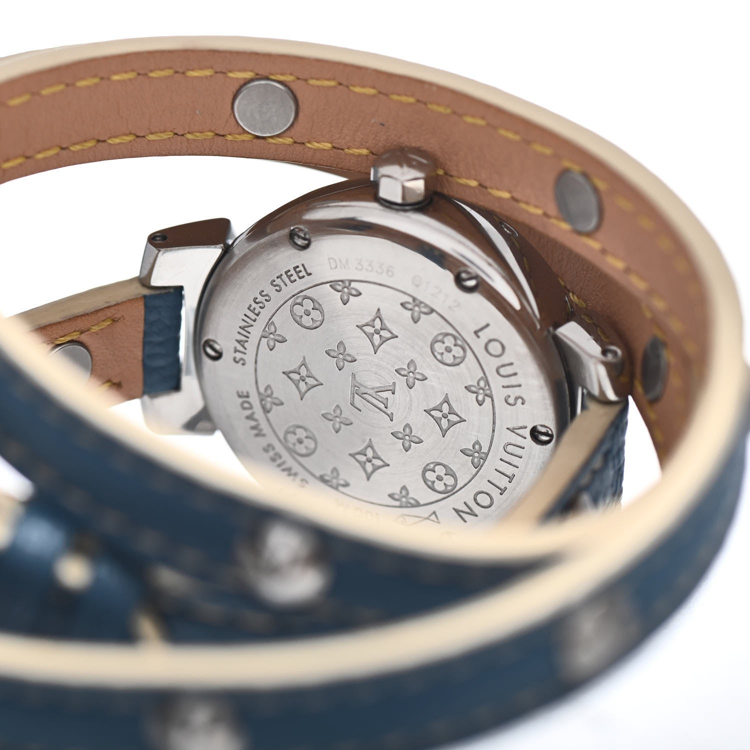 Louis Vuitton Stainless Steel Calfskin 28mm Tambour Triple Wrap Stud Quartz Watch Champagne 4 of 5