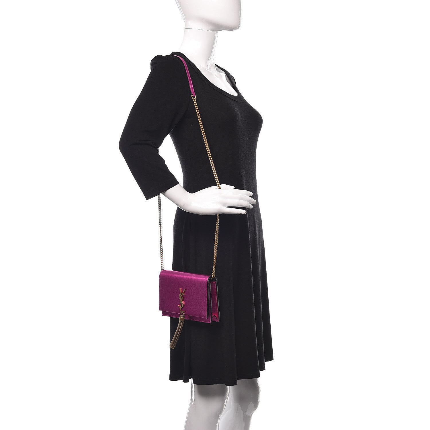 Saint Laurent Metallic Calfskin Classic Monogram Kate Tassel Chain Wallet Fuchsia 2 of 12