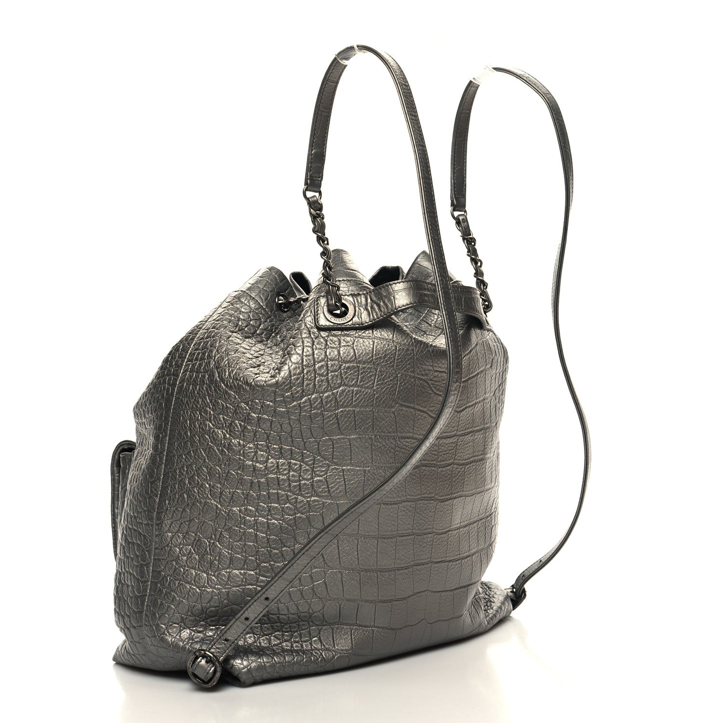 Metallic Calfskin Crocodile Embossed Large Backpack Silver