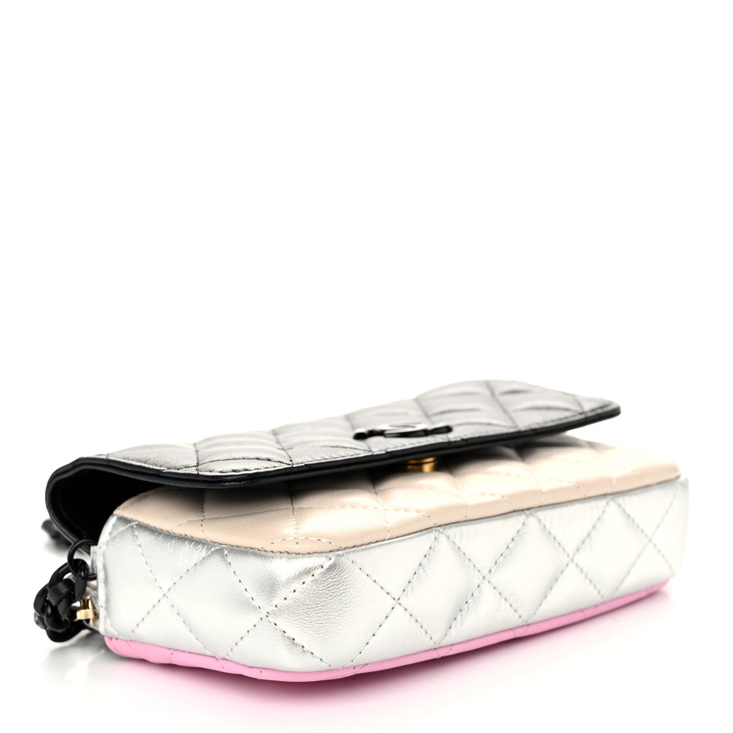 Lambskin Quilted Flap Phone Holder With Chain  Black Beige Multicolor