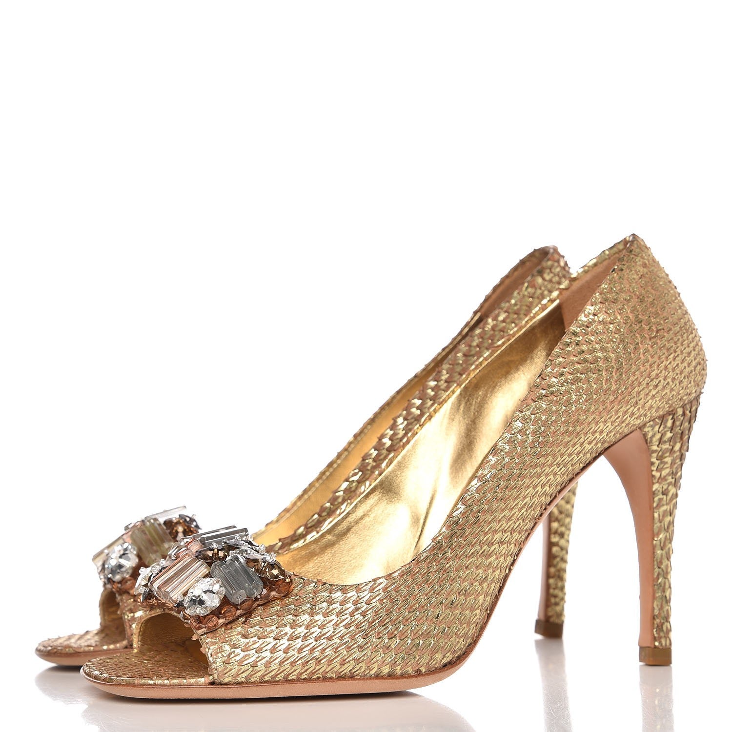 Prada Metallic Snakeskin Crystal Peep Toe Pumps 37 Gold 2 of 14