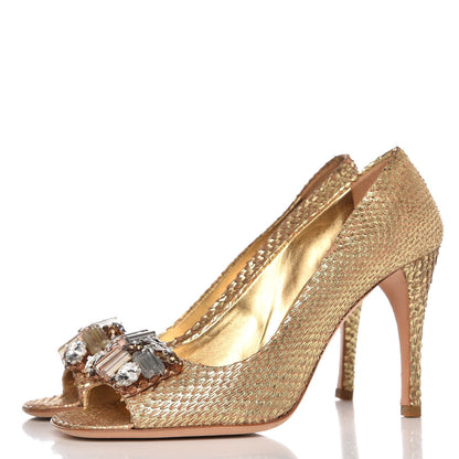 Prada Metallic Snakeskin Crystal Peep Toe Pumps 37 Gold 2 of 14