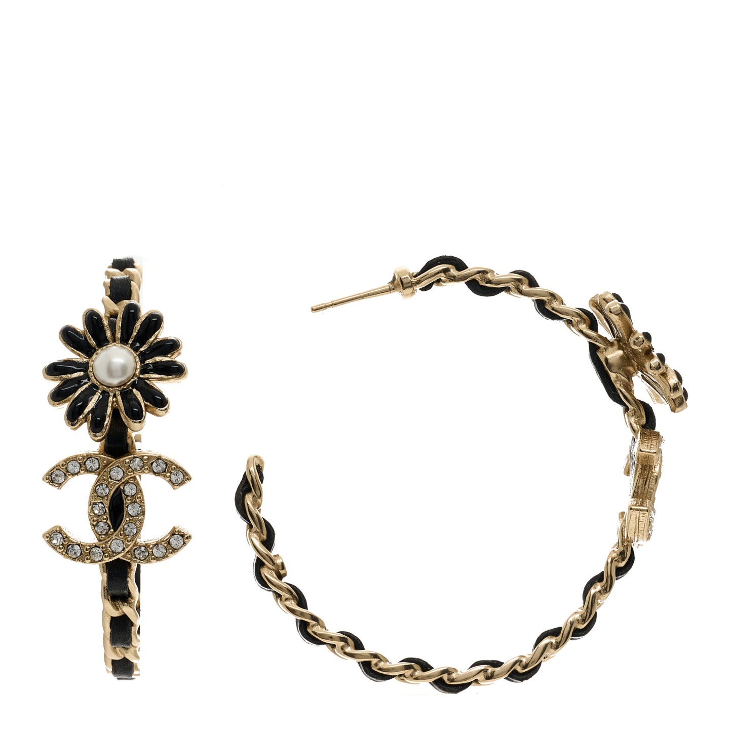 Lambskin Crystal Pearl CC Daisy CC Hoop Earrings Gold Black
