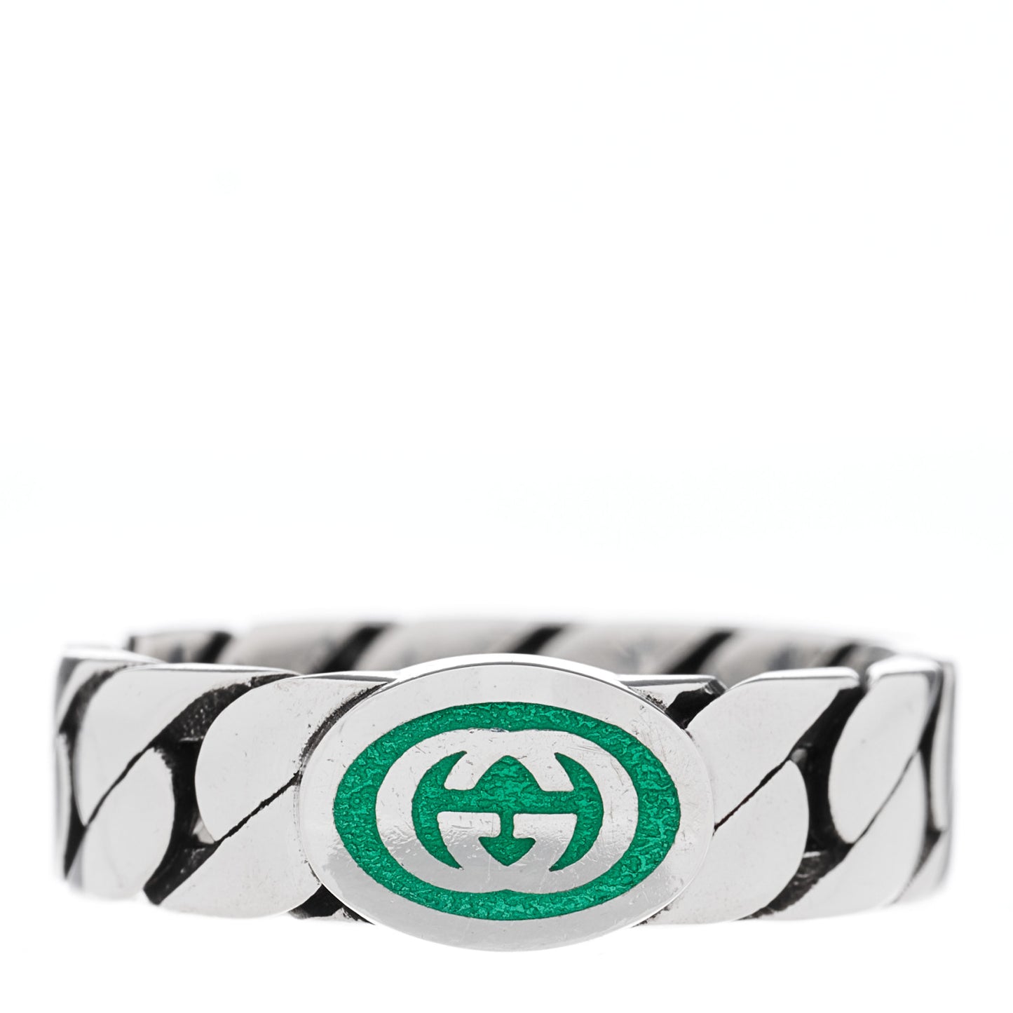 Sterling Silver Enamel Interlocking G Chain Ring 56 7.5 Green
