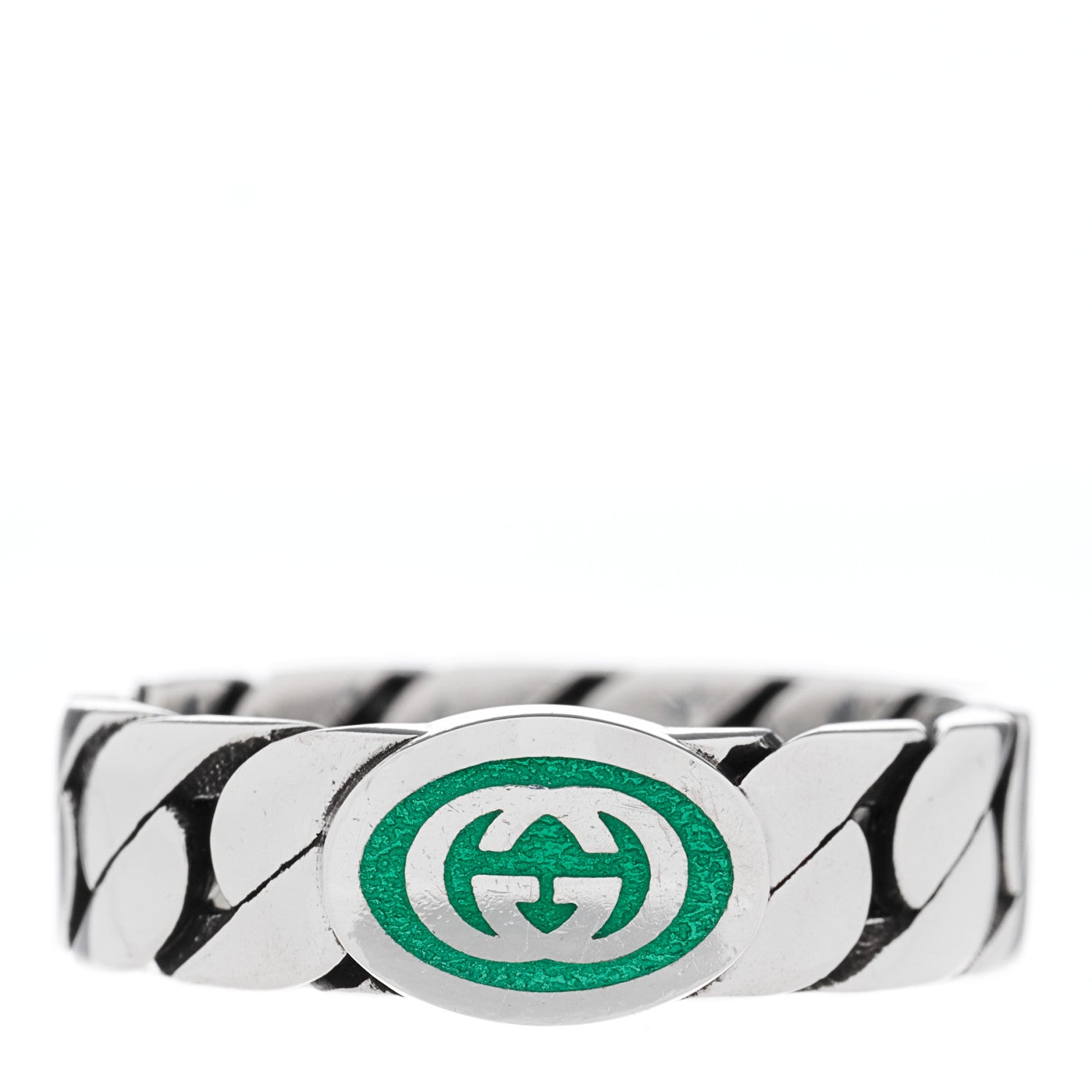 Gucci Sterling Silver Enamel Interlocking G Chain Ring 56 7.5 Green 1 of 4