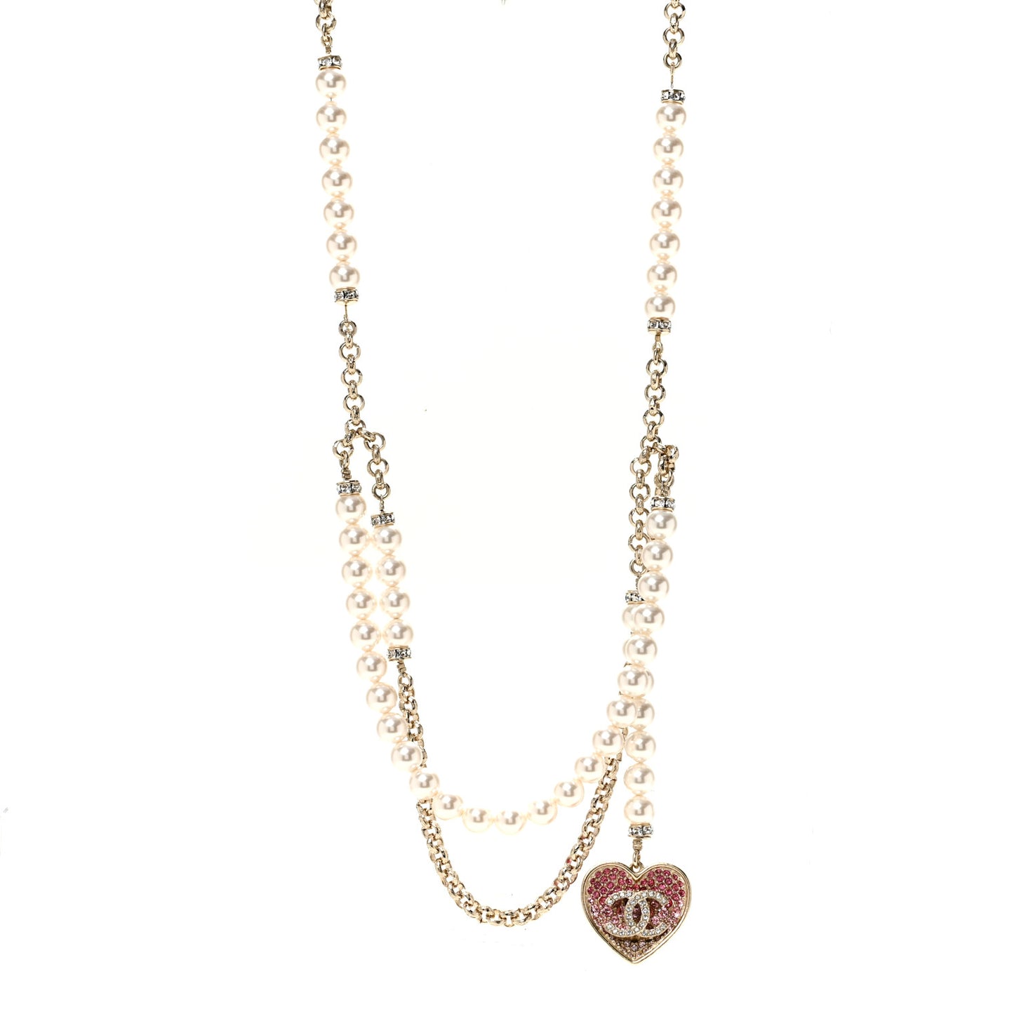 Pearl Crystal CC Heart Multi Strand Necklace Gold White Pink