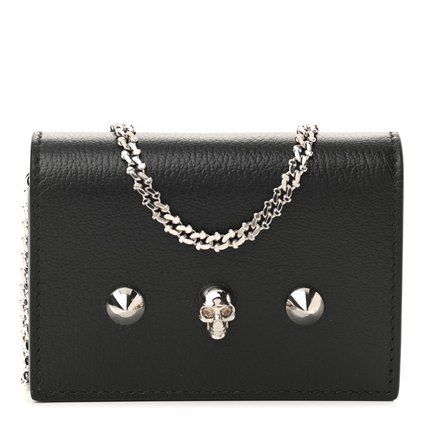Calfskin Skull Stud Chain Wallet Black