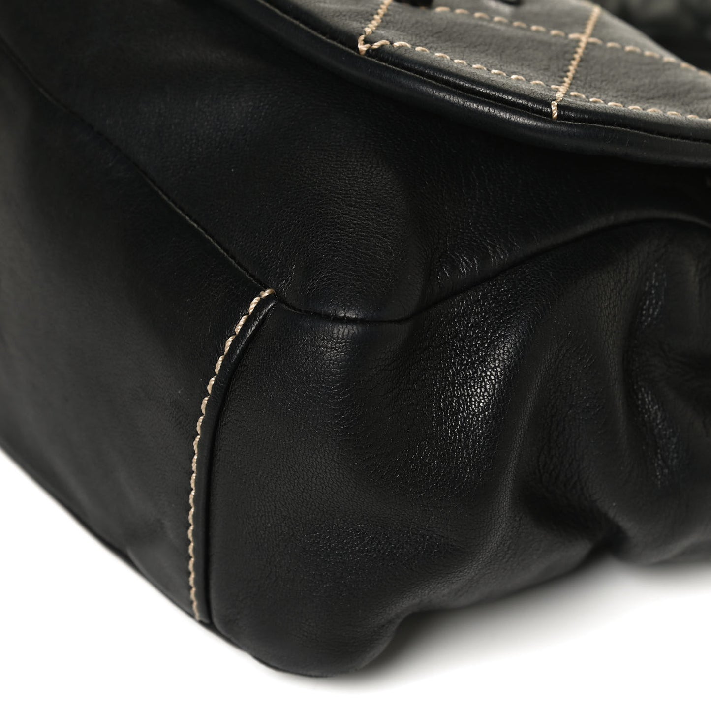 Lambskin Contrast Stitch Small Surpique Accordion Flap Black