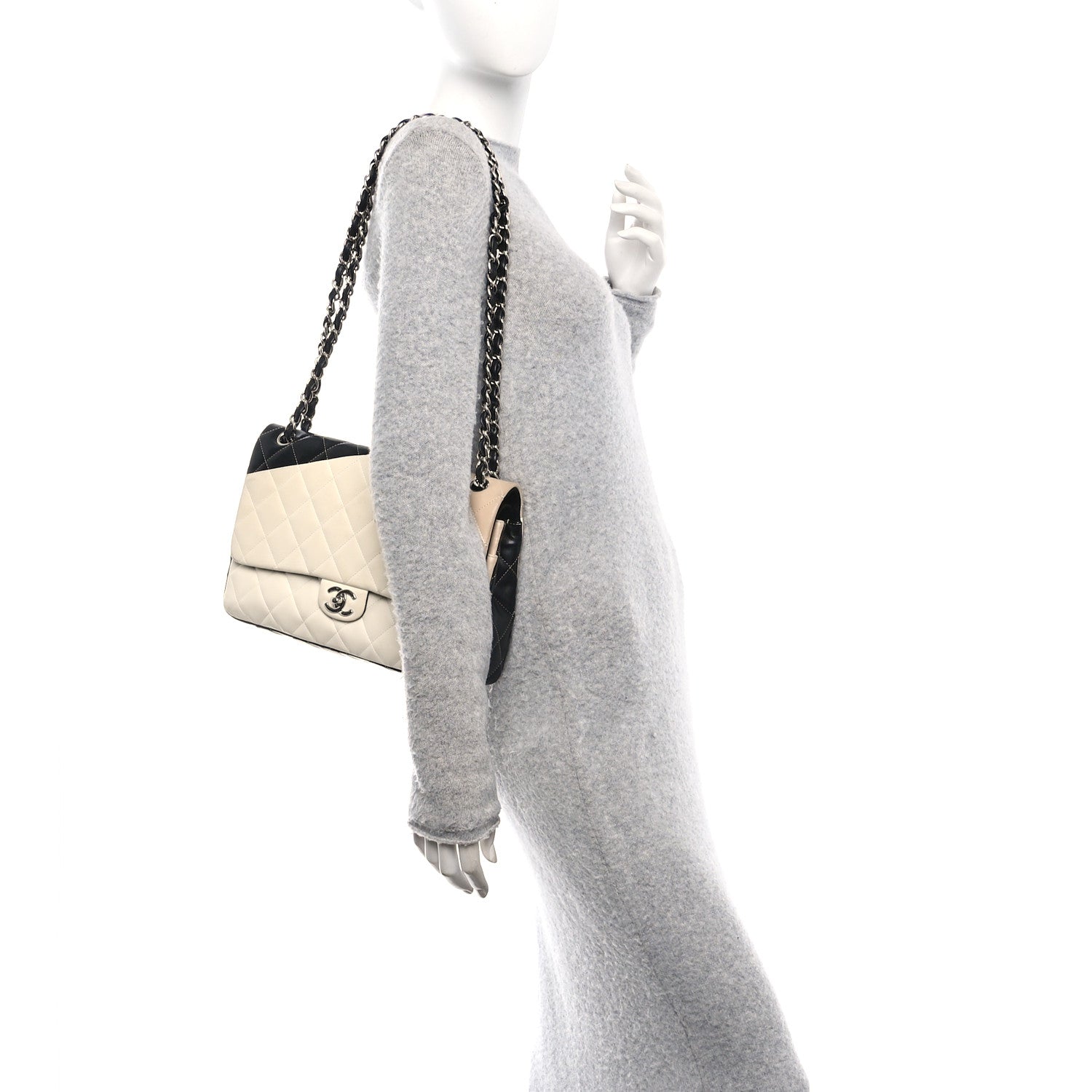 Chanel Lambskin Quilted Colorblock Jumbo Double Flap Black White Beige 2 of 13
