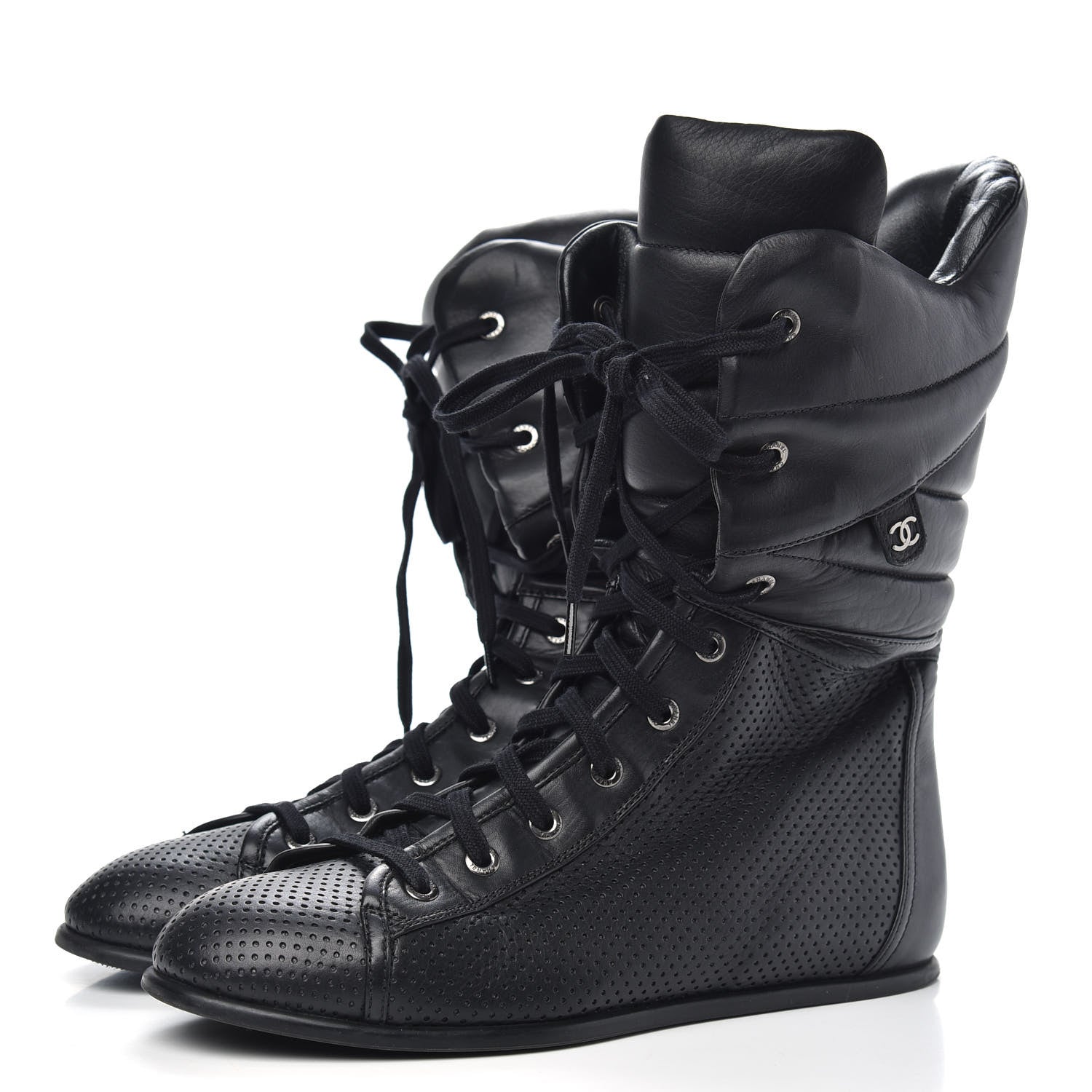 Chanel Perforated Lambskin High Top CC Sneaker Boots 38 Black 3 of 6