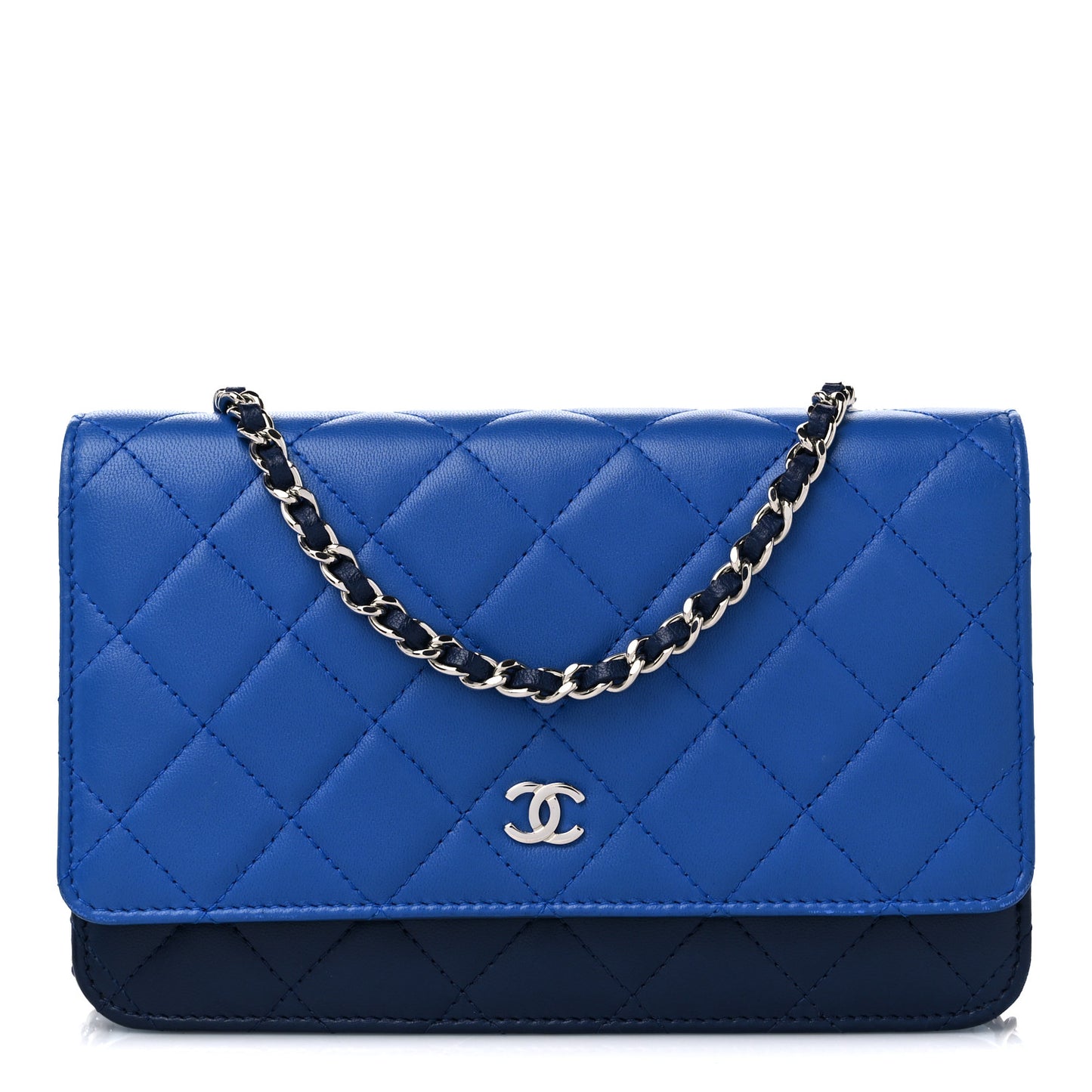 Lambskin Quilted Tri-Color Wallet On Chain WOC Dark Blue