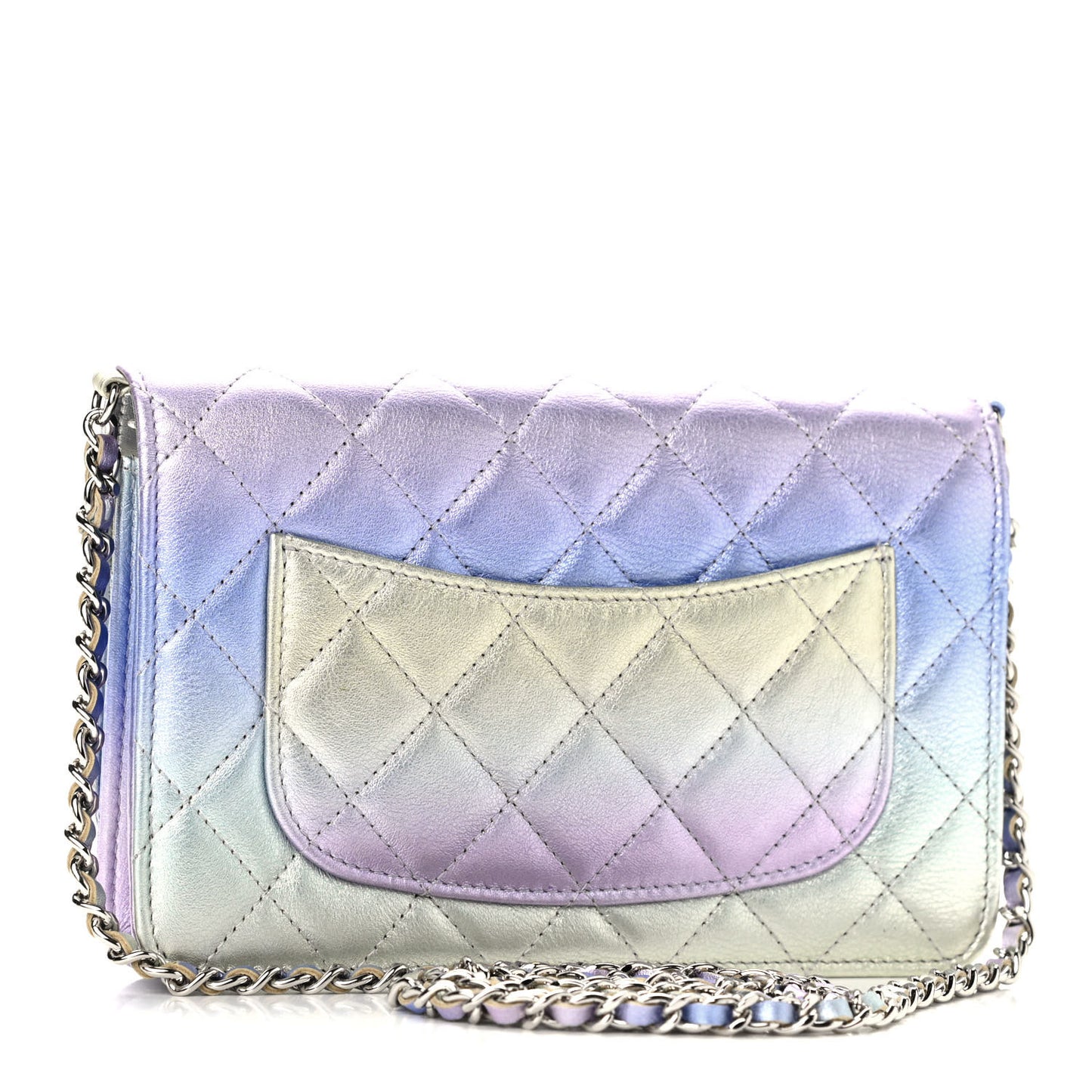 Gradient Metallic Calfskin Quilted Wallet On Chain WOC Silver Blue Yellow Purple