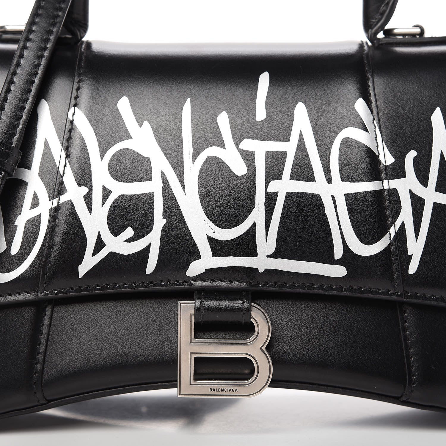Balenciaga Shiny Box Calfskin Graffiti Logo Small Hourglass Top Handle Bag Black Silver 9 of 9