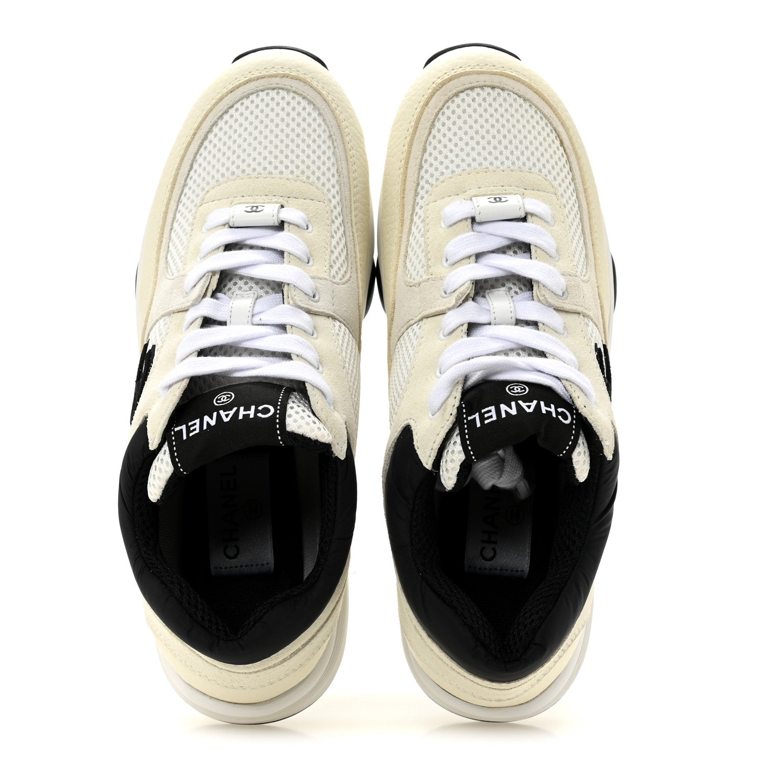 Chanel Mesh Suede Calfskin Grained Calfskin Womens CC Sneakers 38.5 White Black 3 of 10