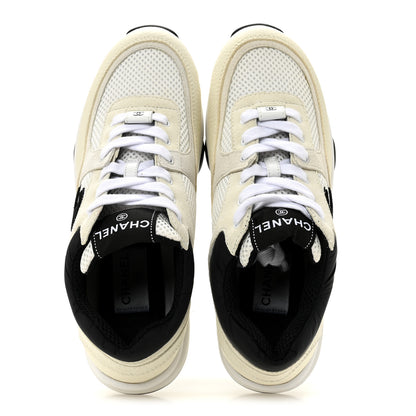 Chanel Mesh Suede Calfskin Grained Calfskin Womens CC Sneakers 38.5 White Black 3 of 10
