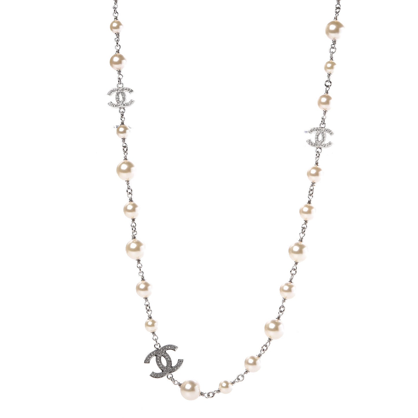 Crystal Pearl CC Long Necklace Silver