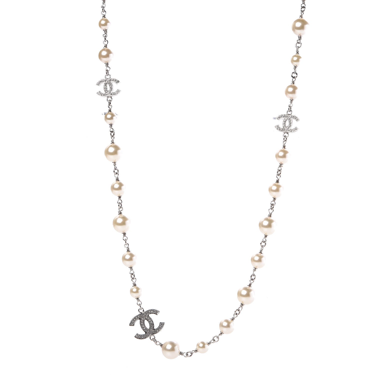Chanel Crystal Pearl CC Long Necklace Silver 1 of 6