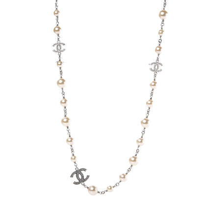 Chanel Crystal Pearl CC Long Necklace Silver 1 of 6