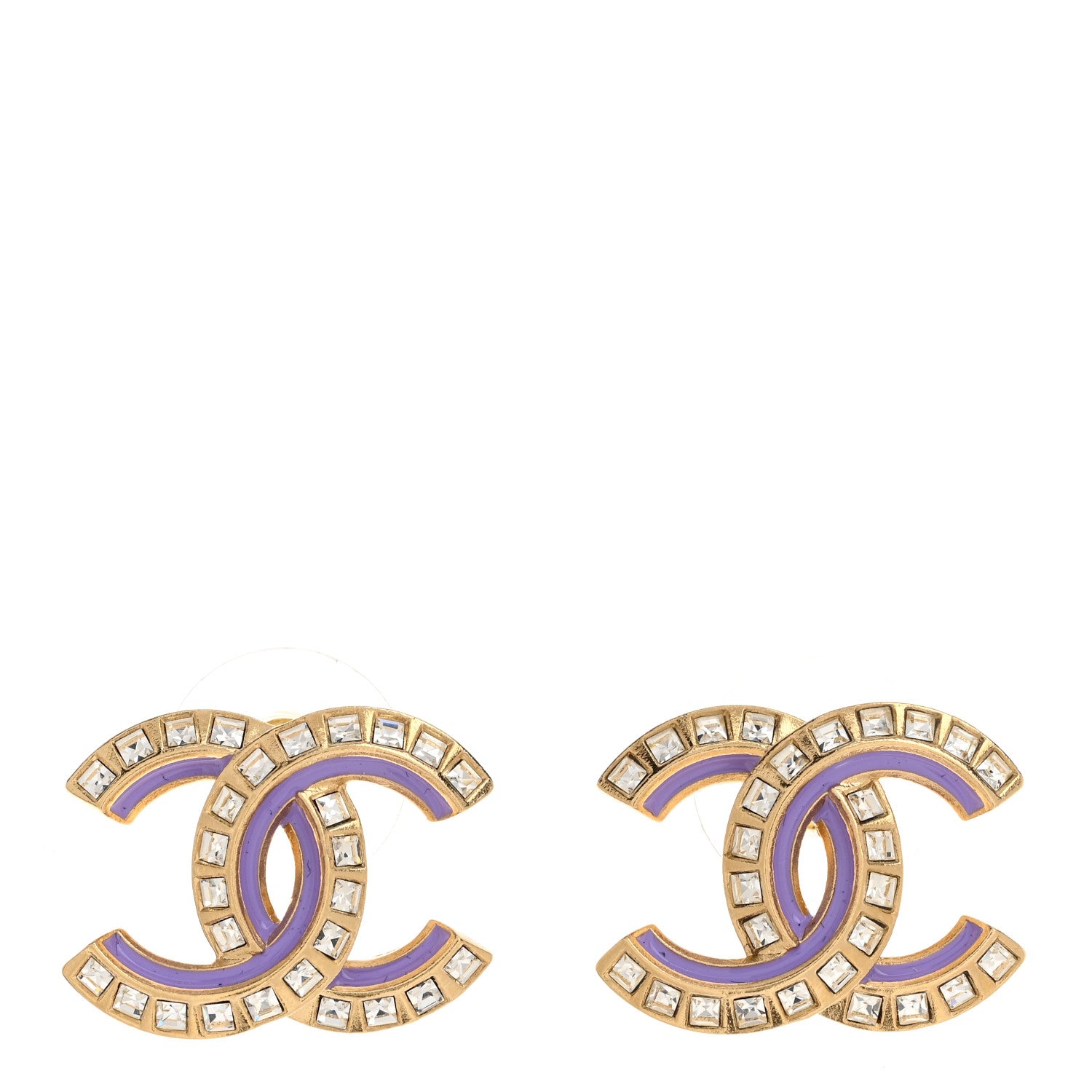 Chanel Baguette Crystal Enamel CC Earrings Purple Gold 1 of 5