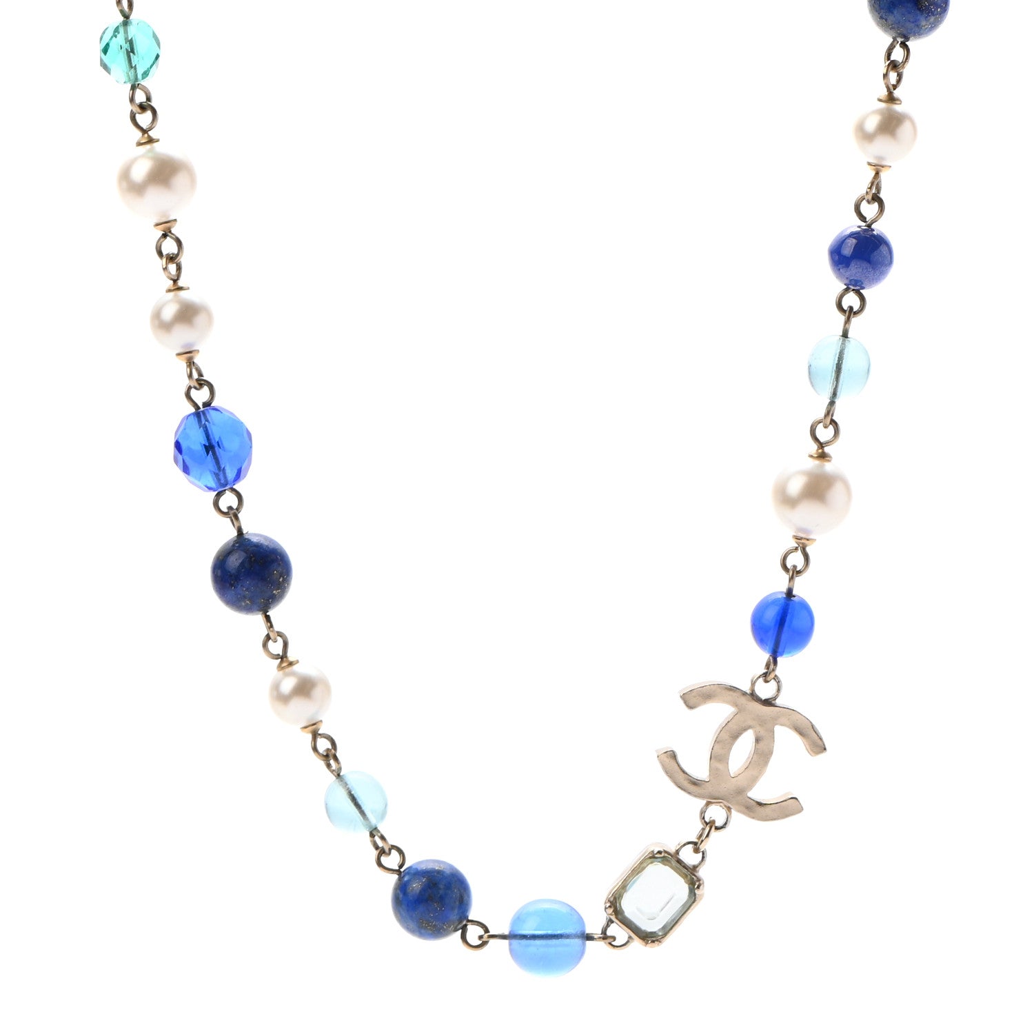 Chanel Ruthenium Pearl Beaded CC Short Necklace Silver Blue 1 of 5