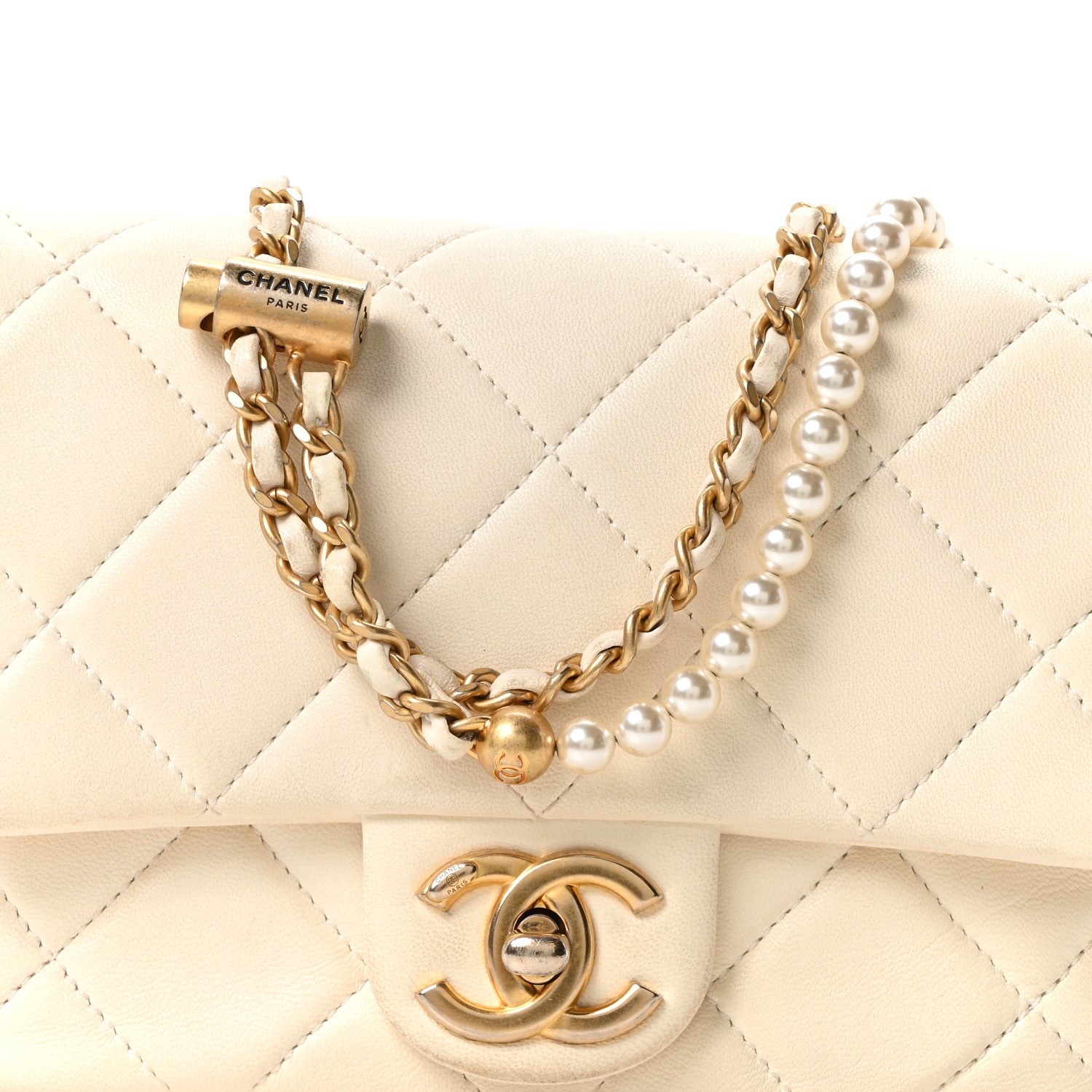 Chanel Shiny Lambskin Quilted Pearl Twist Mini Square Flap White 15 of 19