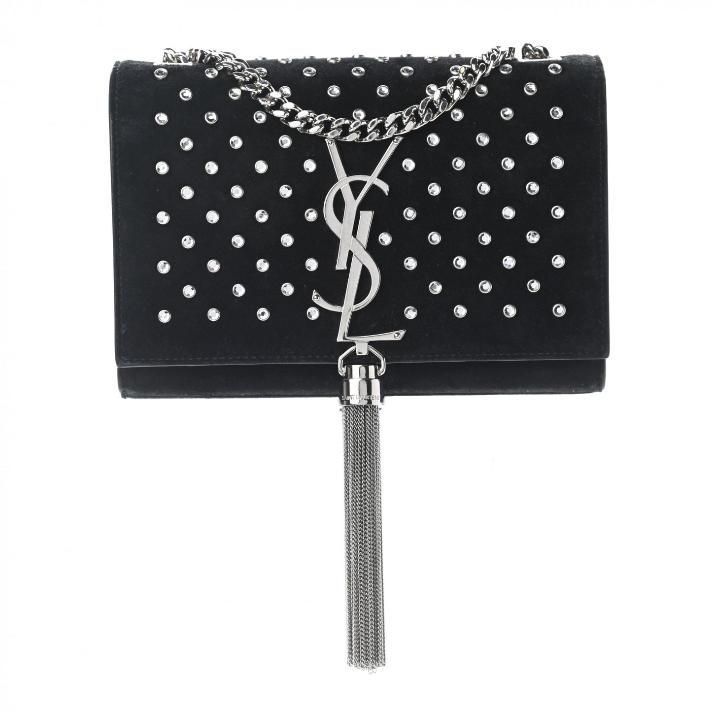 Suede Crystal Studded Small Classic Monogram Kate Tassel Satchel Black