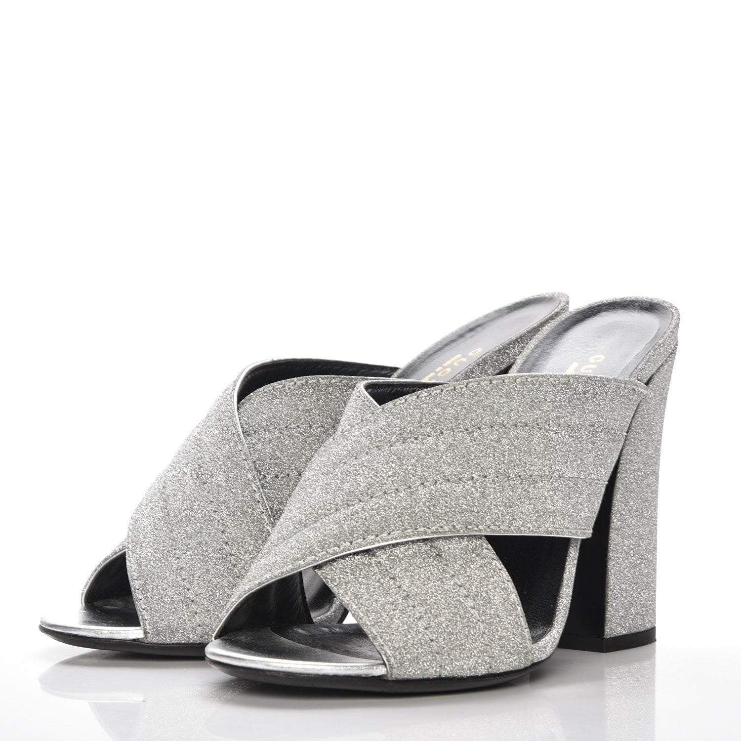 Gucci Glitter Fabric Webby Crossover High Heel Slide Sandals 39 Argento 3 of 8